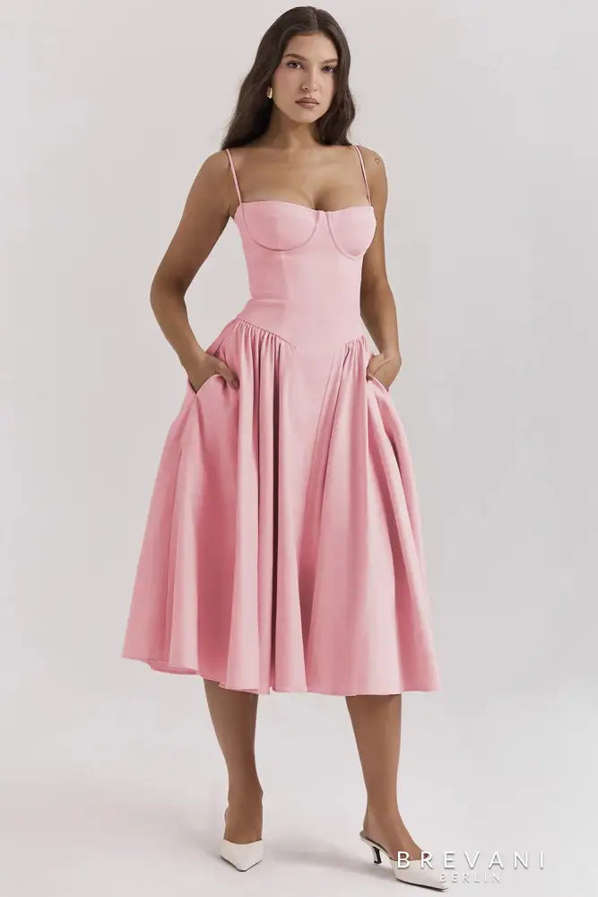 Fitted Waist Square Neck Midi Dress