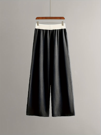 Two-piece v-neck contrast trim sweater and wide-leg pants lounge set for women