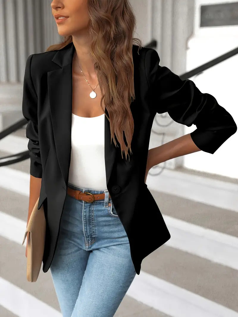 Women's solid lapel blazer jacket with pockets