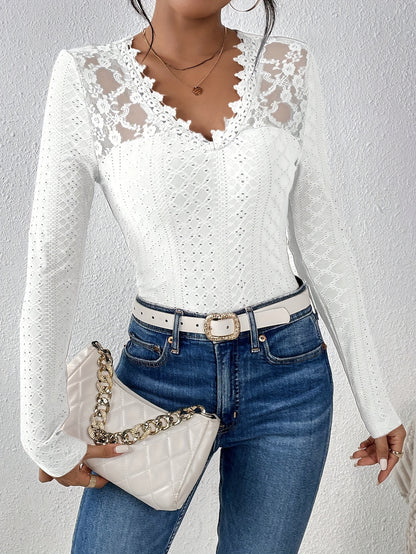 Women's Lace Blouse - V-Neck Long Sleeve - Fitted Floral Embroidered Elegant Top