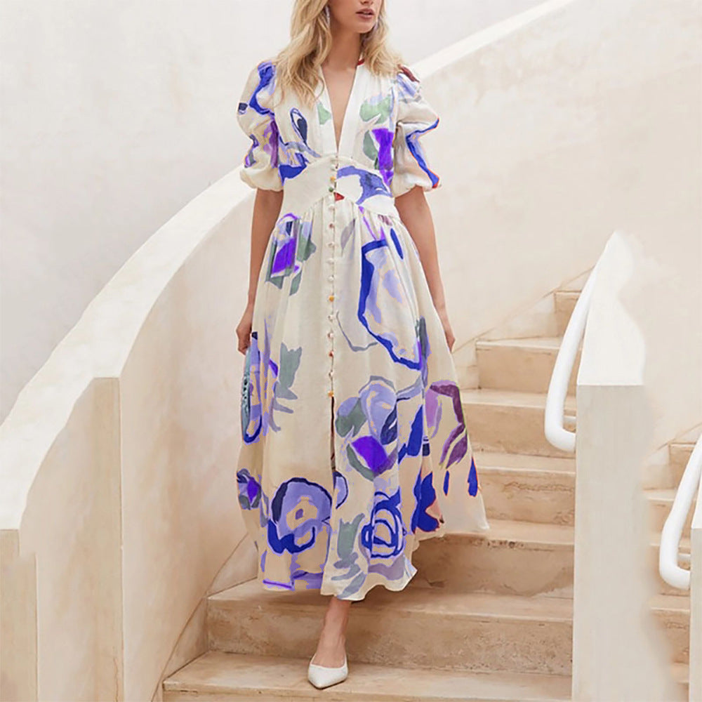 Women's Maxi Dress - V-Neck Button-Down - Puff Sleeve A-Line Flowy Print
