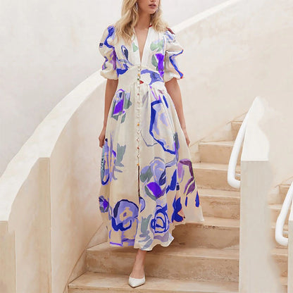 Women's Maxi Dress - V-Neck Button-Down - Puff Sleeve A-Line Flowy Print