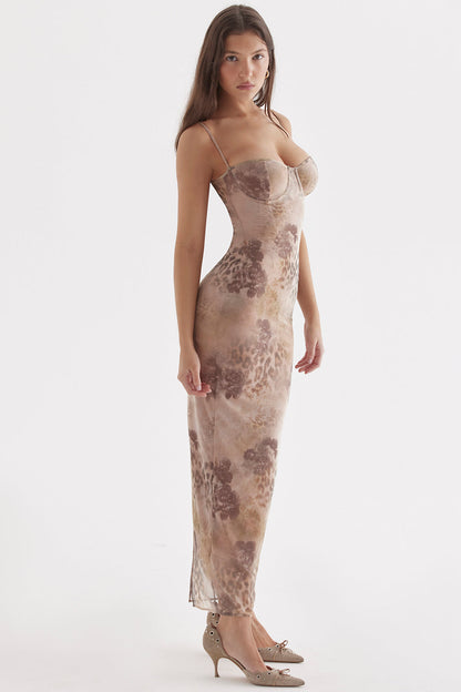 Women’s Maxi Dress – Floral Print – Corset Bodice – Spaghetti Straps – Form-Fitting Fit