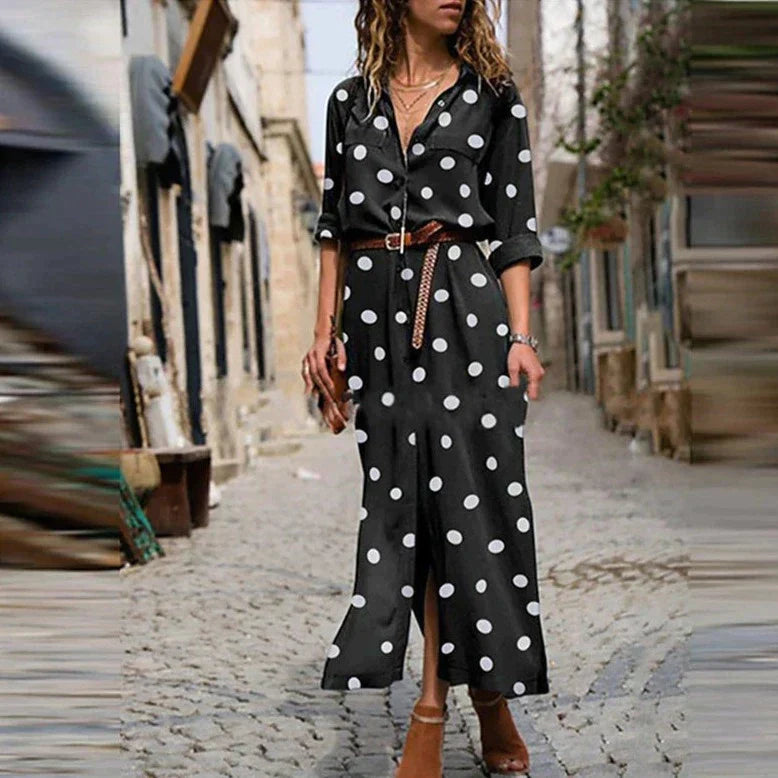 Polka dot maxi dress with lapel collar for women