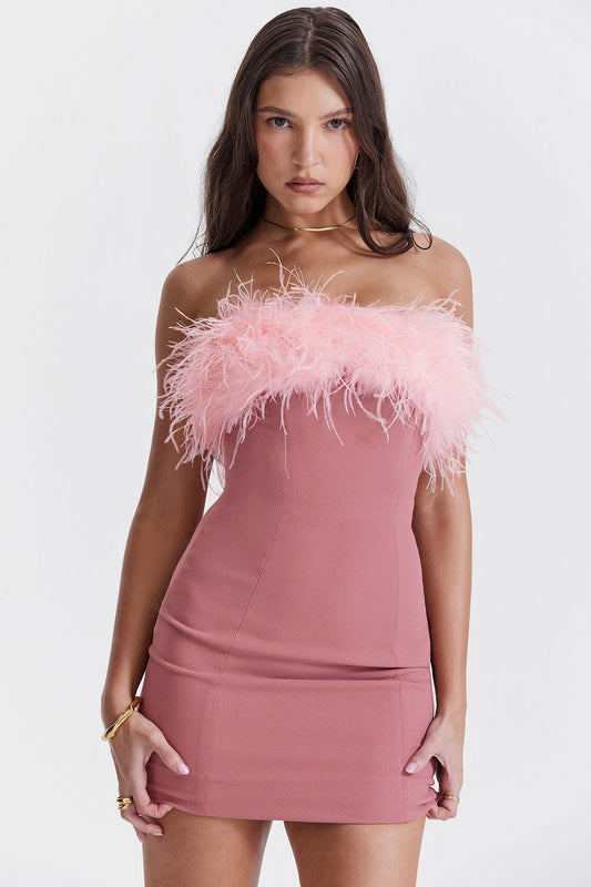 Fur Trim Strapless Bodycon Mini Dress