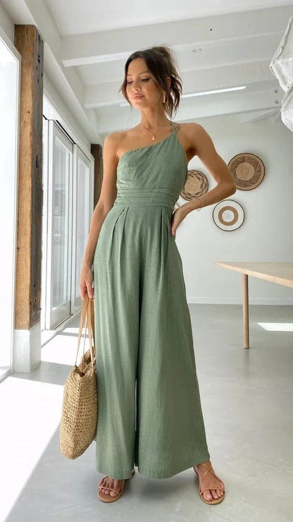 Women's One-Shoulder Jumpsuit - Fitted Bodice - Wide-Leg Elegant Casual Wear