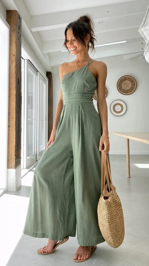 Women's One-Shoulder Jumpsuit - Fitted Bodice - Wide-Leg Elegant Casual Wear