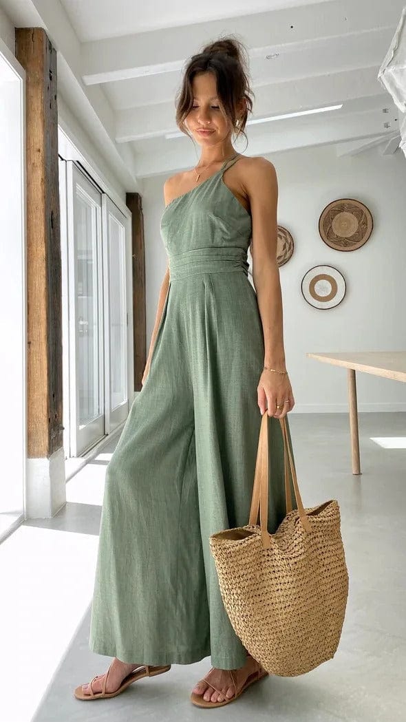 Women's One-Shoulder Jumpsuit - Fitted Bodice - Wide-Leg Elegant Casual Wear