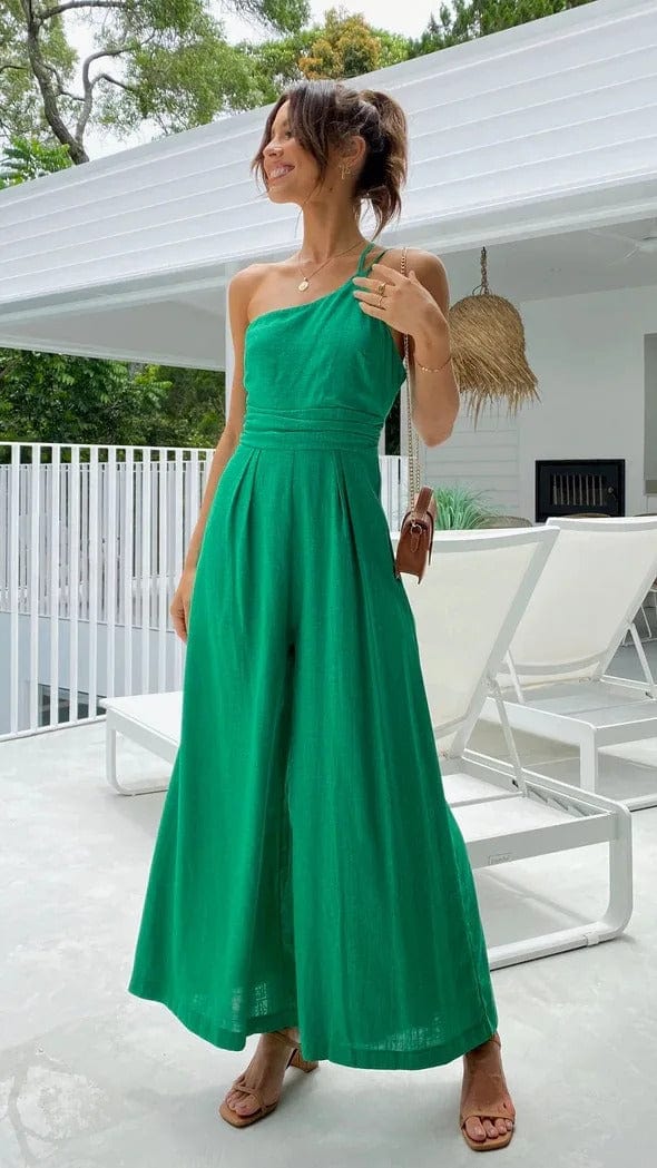 Women's One-Shoulder Jumpsuit - Fitted Bodice - Wide-Leg Elegant Casual Wear