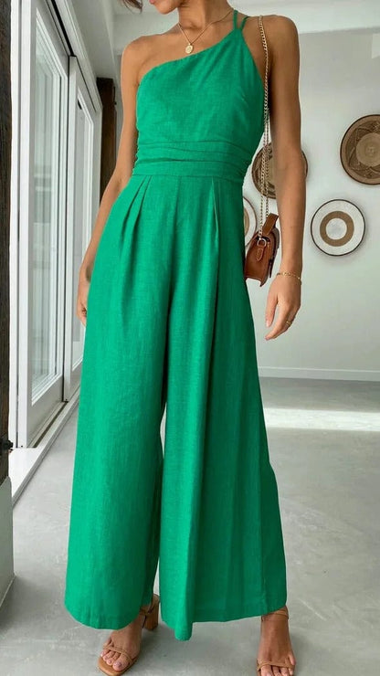 Women's One-Shoulder Jumpsuit - Fitted Bodice - Wide-Leg Elegant Casual Wear