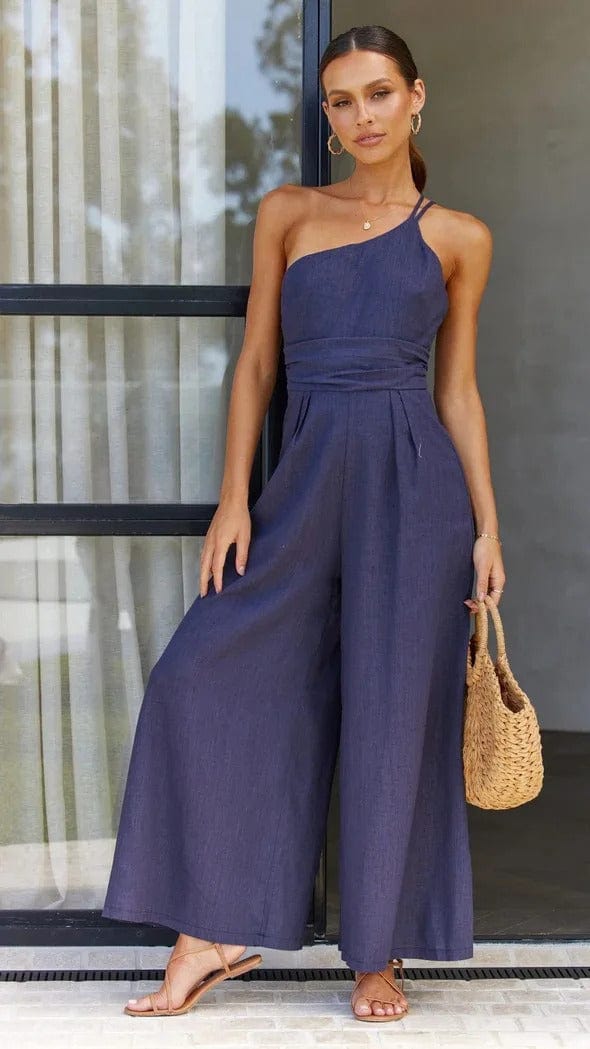 Women's One-Shoulder Jumpsuit - Fitted Bodice - Wide-Leg Elegant Casual Wear