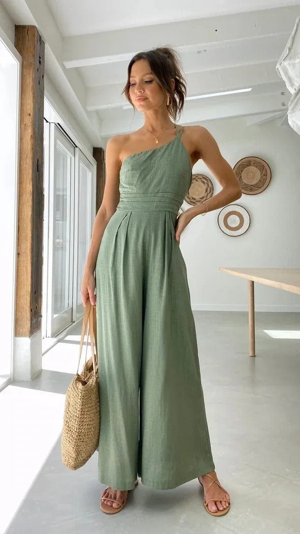 Women's One-Shoulder Jumpsuit - Fitted Bodice - Wide-Leg Elegant Casual Wear