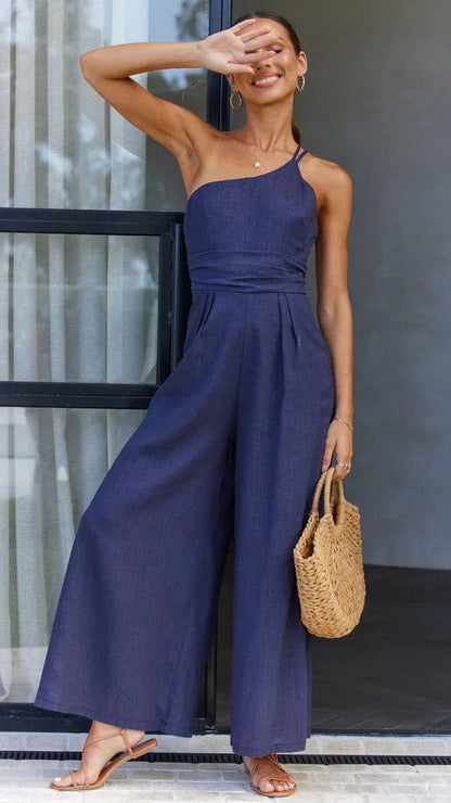 Women's One-Shoulder Jumpsuit - Fitted Bodice - Wide-Leg Elegant Casual Wear