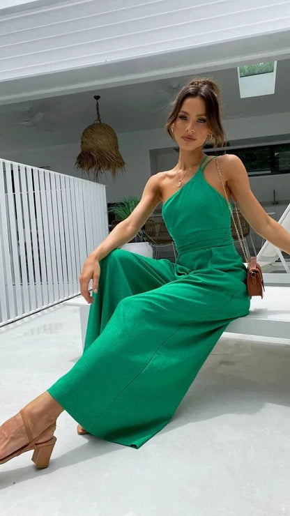 Women's One-Shoulder Jumpsuit - Fitted Bodice - Wide-Leg Elegant Casual Wear