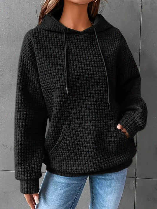 Waffle Knit Hooded Drawstring Sweatshirt