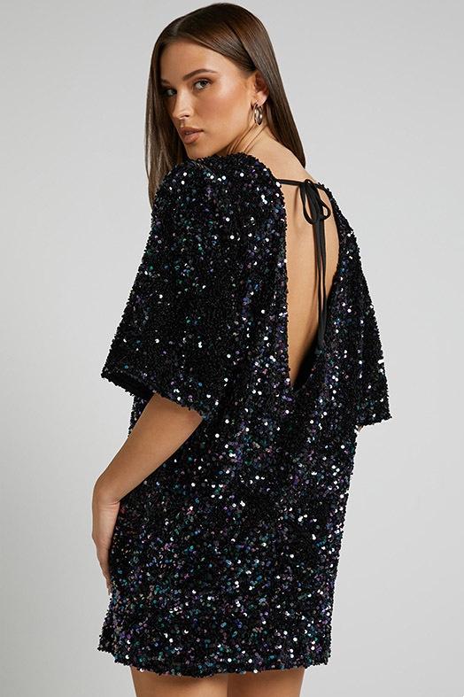 Women’s Mini Dress – Sequin Embellished – Backless Plunge – Relaxed Fit – Short Sleeve