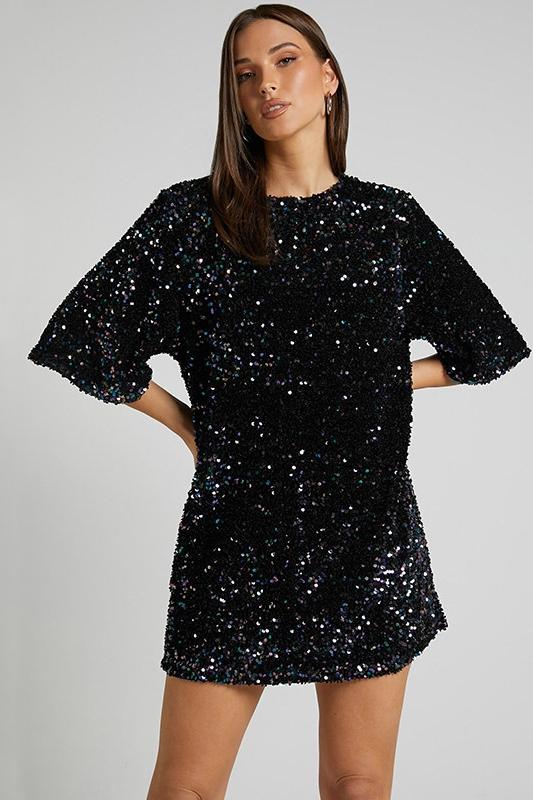 Women’s Mini Dress – Sequin Embellished – Backless Plunge – Relaxed Fit – Short Sleeve