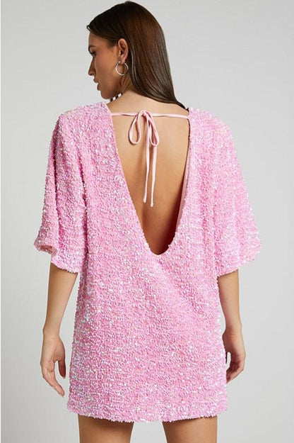 Women’s Mini Dress – Sequin Embellished – Backless Plunge – Relaxed Fit – Short Sleeve