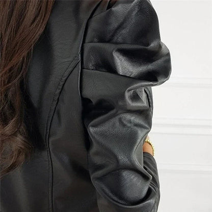 Elegant short round neck jacket in leather look for women with zip closure