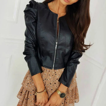 Elegant short round neck jacket in leather look for women with zip closure