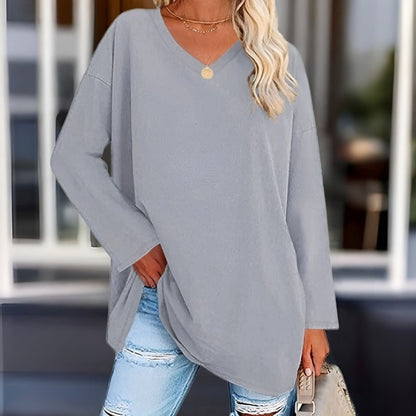 V-neck loose-fit long-sleeve casual top for women