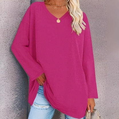 V-neck loose-fit long-sleeve casual top for women