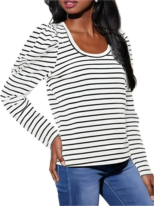 Striped Relaxed Fit Puff Shoulder Top