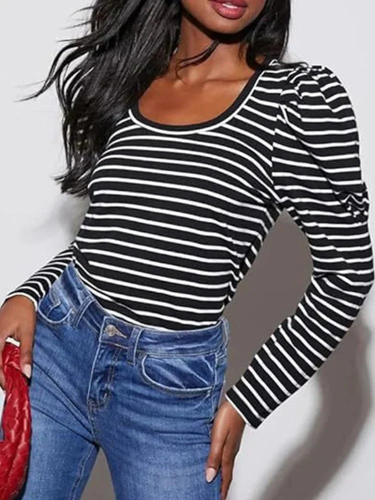 Women's Long-Sleeve Top - Striped Pattern - Scoop Neck - Puff Shoulder - Relaxed Fit