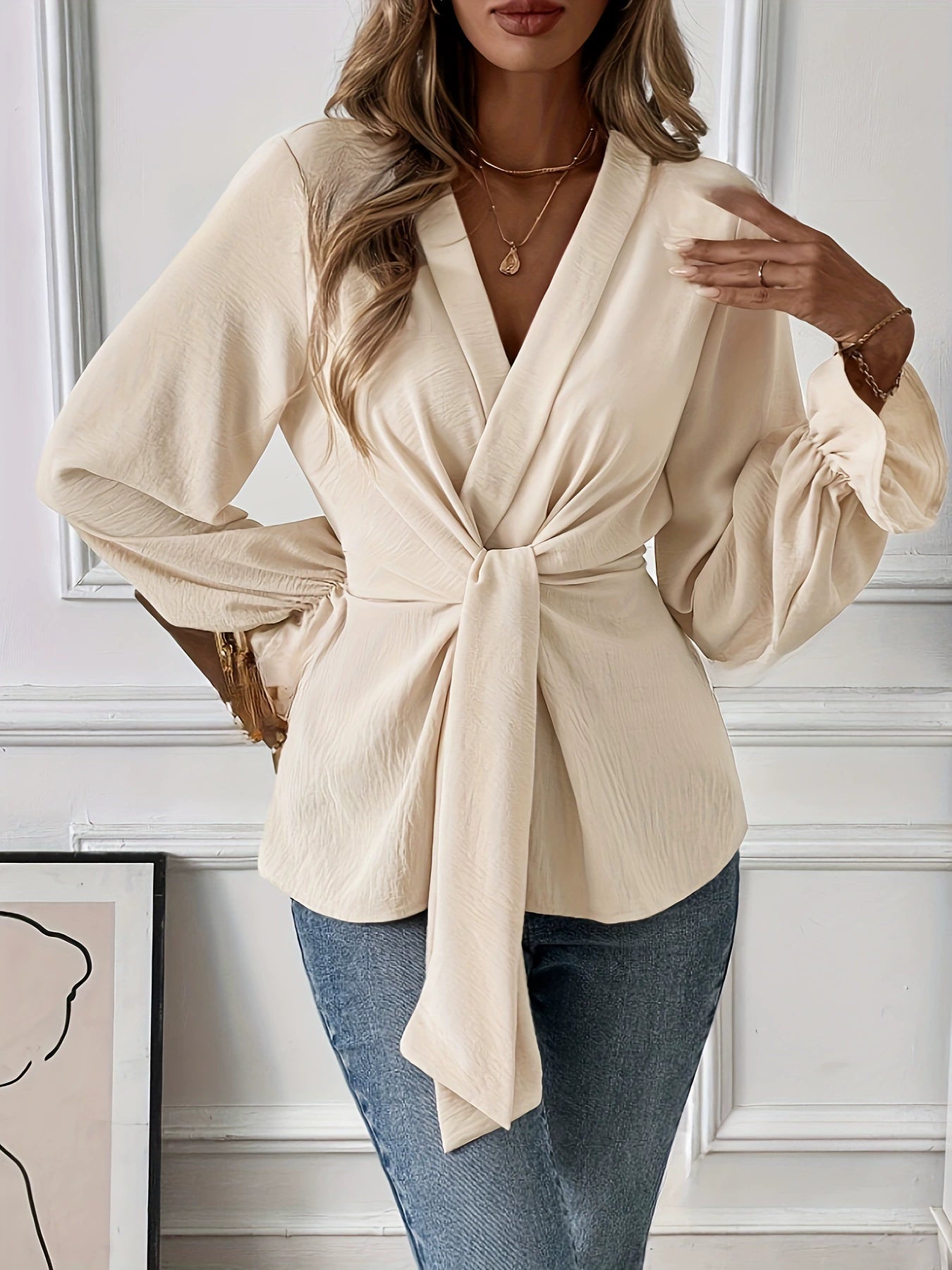 Women's Wrap Blouse - Deep V-Neck - Tie Front - Puff Long Sleeve Elegant Fit