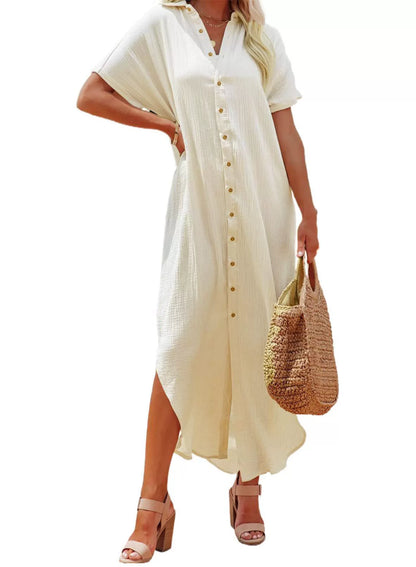 Women's Button-Down Maxi Dress - Short Sleeve - Relaxed Fit - Lightweight Casual Wear