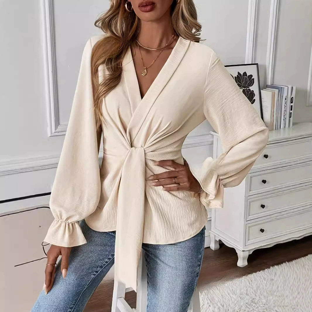 Women's Wrap Blouse - Deep V-Neck - Tie Front - Puff Long Sleeve Elegant Fit