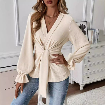 Women's Wrap Blouse - Deep V-Neck - Tie Front - Puff Long Sleeve Elegant Fit