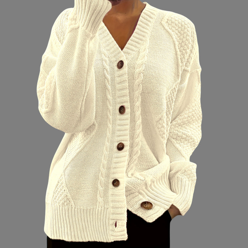 Women’s Knit Cardigan - Relaxed Fit - Cable & Waffle Knit - Button Front V-Neck