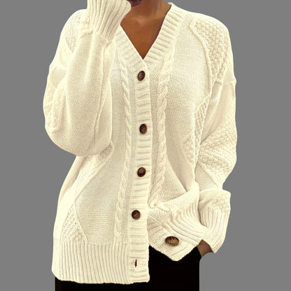 Women’s Knit Cardigan - Relaxed Fit - Cable & Waffle Knit - Button Front V-Neck