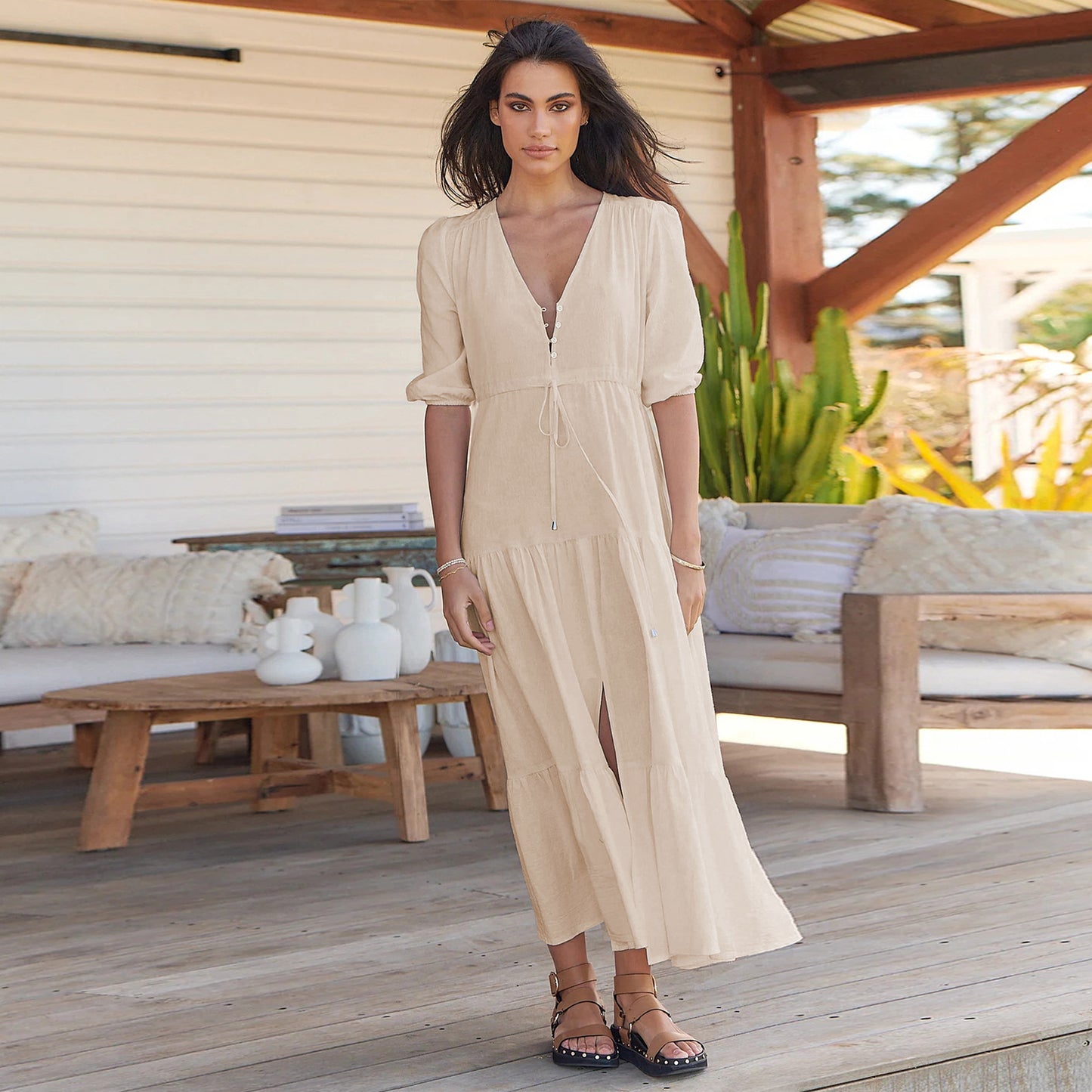 Women's Maxi Dress - V-Neck - Three-Quarter Sleeve - Button Front - Flowy A-Line Fit