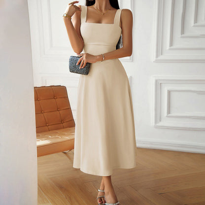 Women's Midi Dress - Square Neck - Wide Straps - Fitted Bodice - Elegant Fit-and-Flare