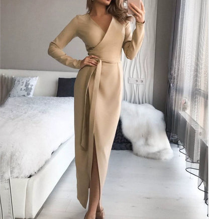 Women's Wrap Dress - Floor Length - Long Sleeve - V-Neck - Elegant Formal Wear