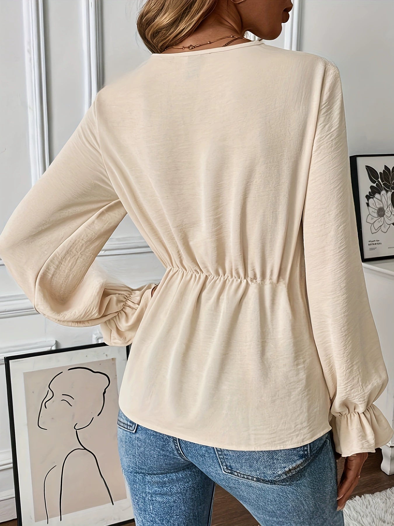 Women's Wrap Blouse - Deep V-Neck - Tie Front - Puff Long Sleeve Elegant Fit