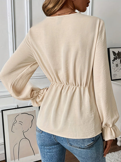 Women's Wrap Blouse - Deep V-Neck - Tie Front - Puff Long Sleeve Elegant Fit