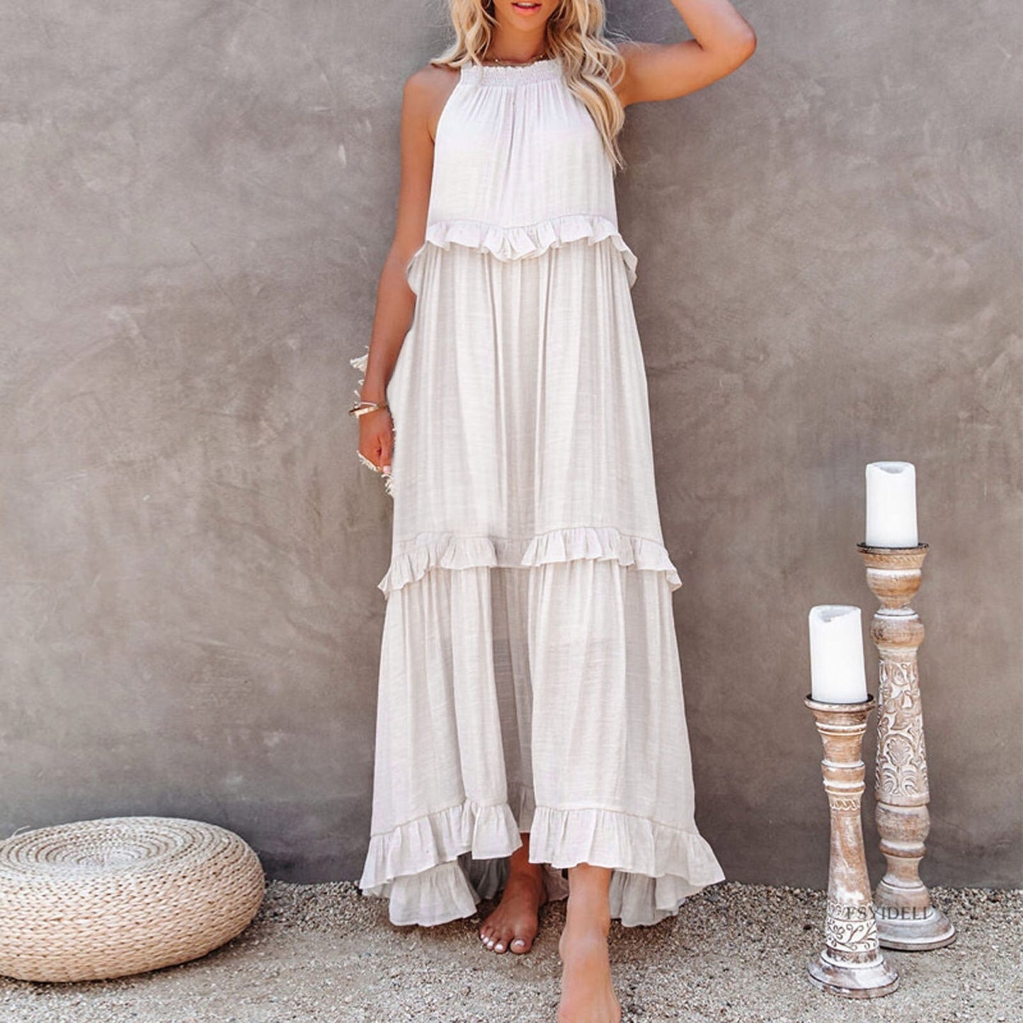 Women's Maxi Dress - Sleeveless Halter Neck - Flowy Relaxed Fit - Ruffled Detailing