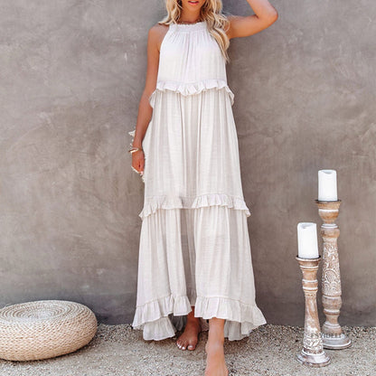 Women's Maxi Dress - Sleeveless Halter Neck - Flowy Relaxed Fit - Ruffled Detailing