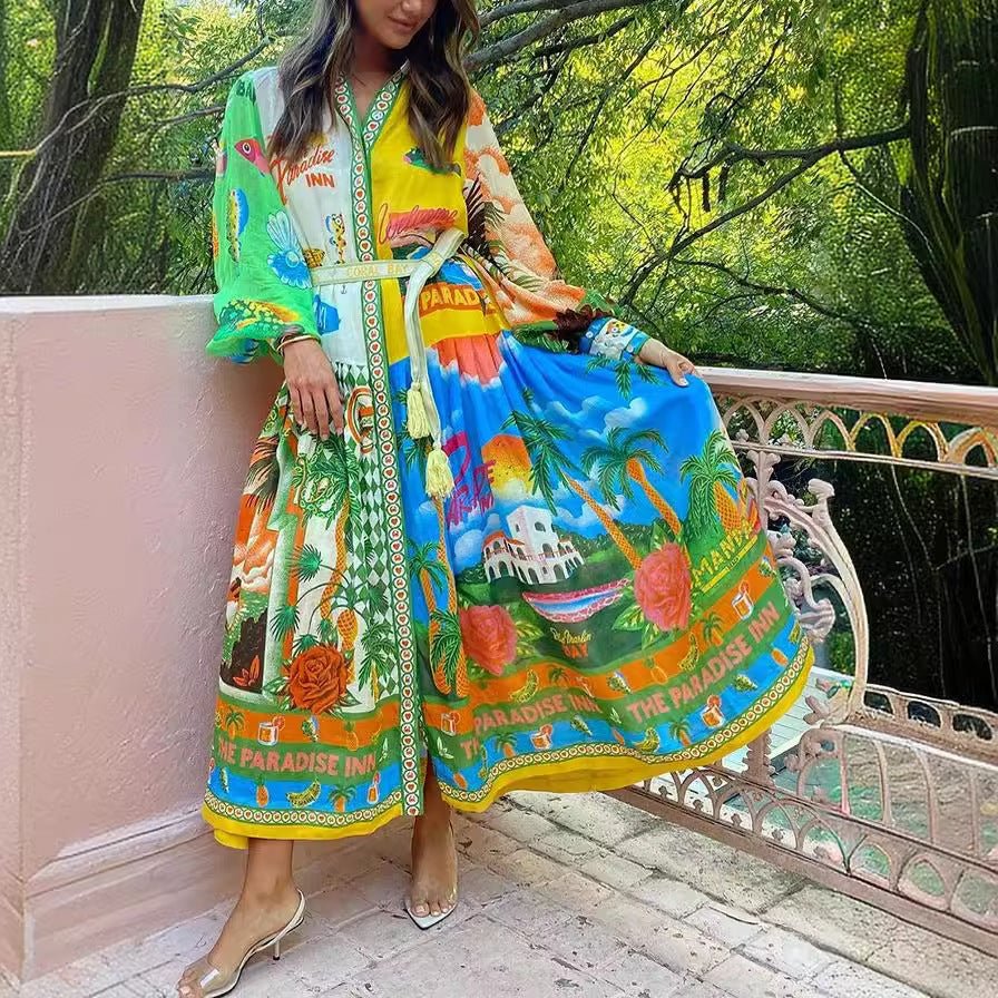 Women's Button-Down Dress - Graphic Print - Belted Waist - Long Sleeve Casual Wear