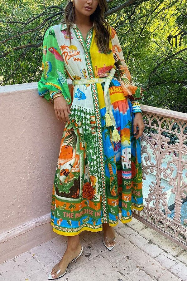 Women's Button-Down Dress - Graphic Print - Belted Waist - Long Sleeve Casual Wear