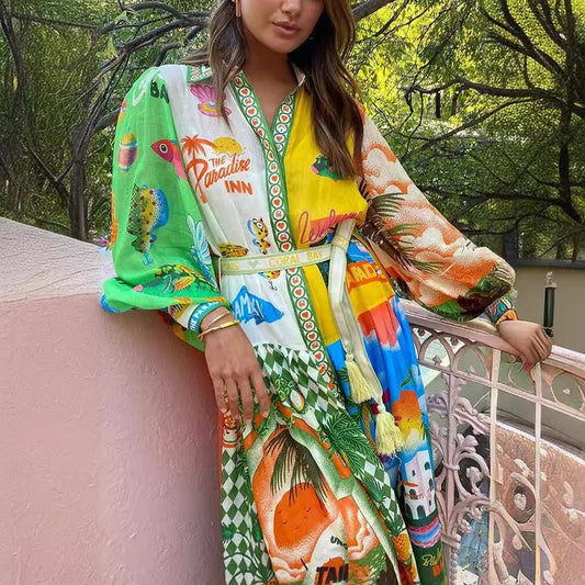 Graphic Print Belted Waist Button-Down Dress