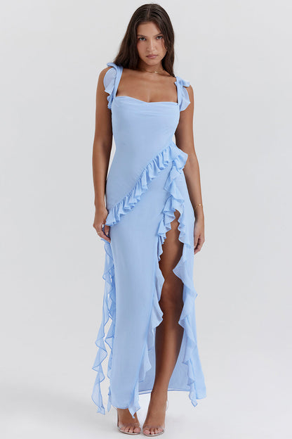 Women’s Formal Dress – Elegant Fit – Ruffle Detail – High Slit – Adjustable Straps