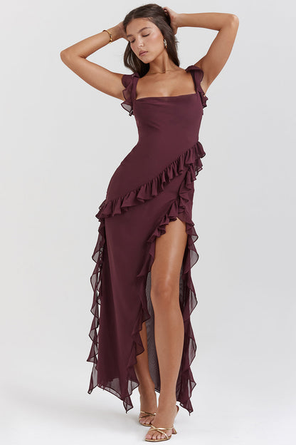 Women’s Formal Dress – Elegant Fit – Ruffle Detail – High Slit – Adjustable Straps
