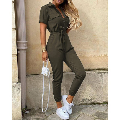 Women's Utility Jumpsuit - Button-Up Short Sleeve - Cinched Waist - Tapered Leg