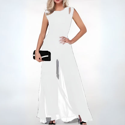 Women's Evening Gown - Sleeveless Cut-Out Shoulder - Floor-Length Flowing Design
