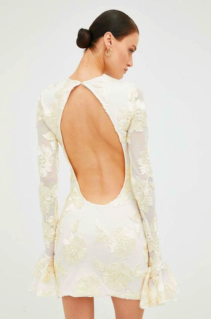 Women’s Mini Dress – Floral Embroidery – Open Back – Flared Sleeve – Slim Fit Eveningwear