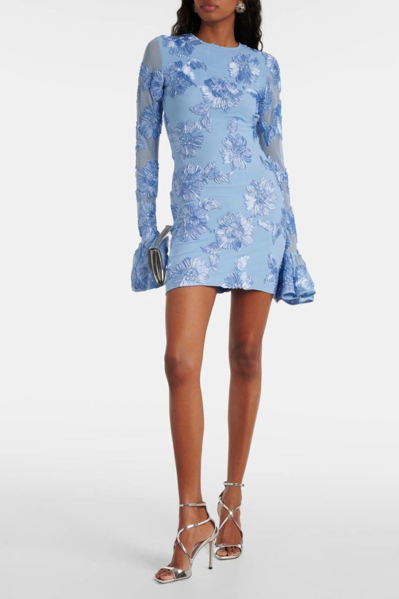 Women’s Mini Dress – Floral Embroidery – Open Back – Flared Sleeve – Slim Fit Eveningwear